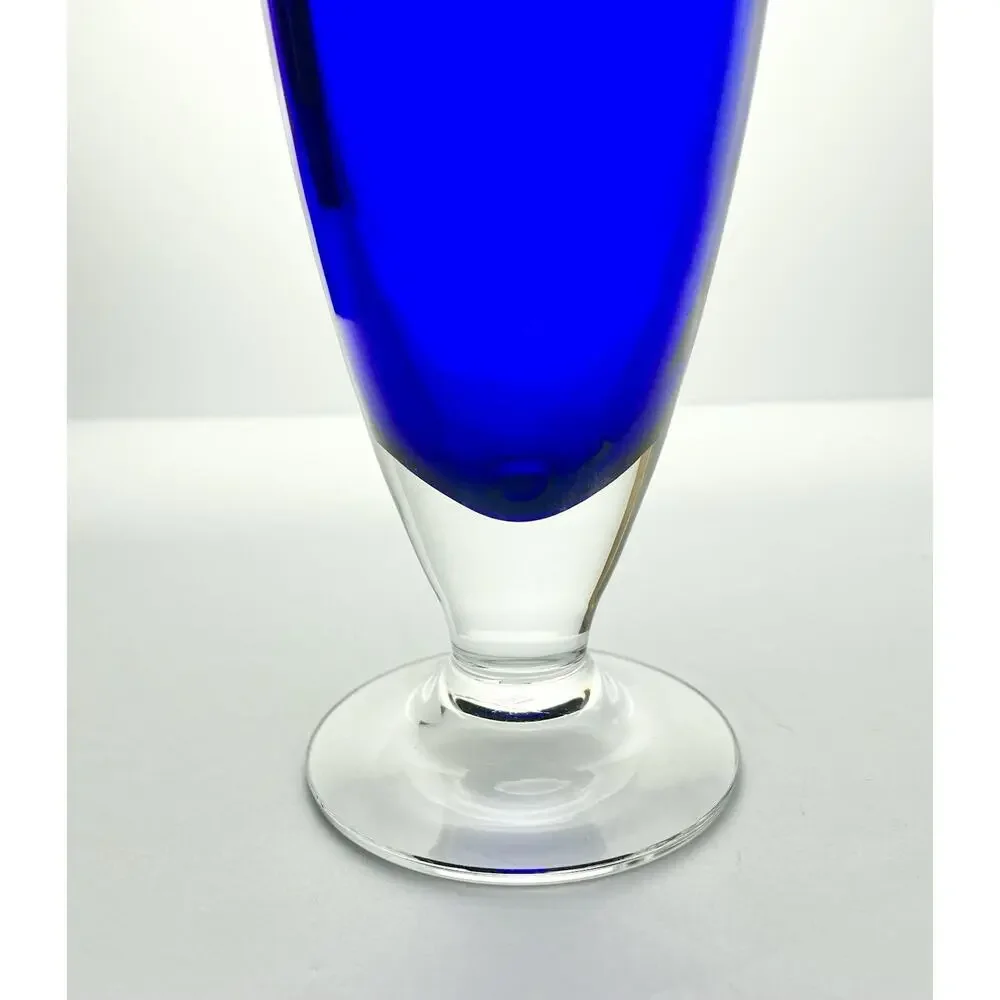 Contemporary Large Optic Footed Trumpet Flared Cobalt Blue Glass Vase 11”